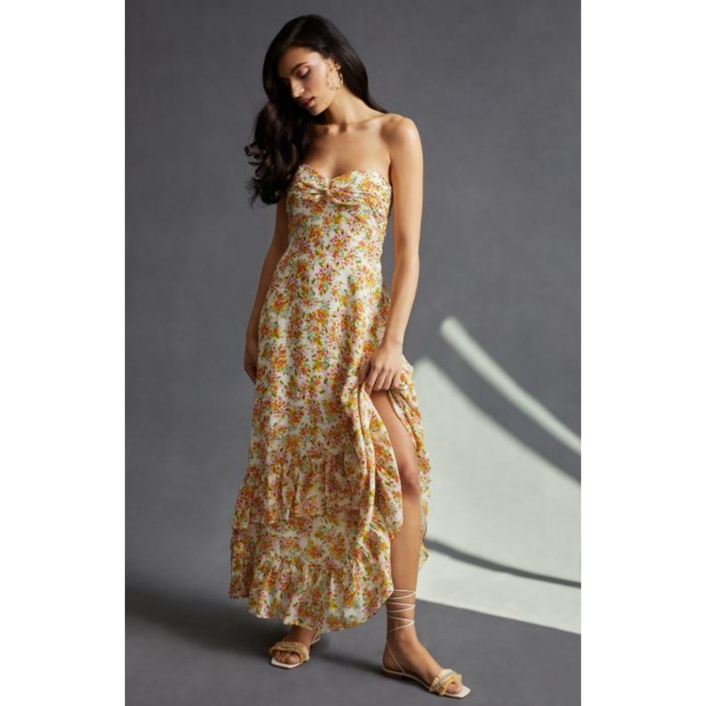 shoshanna gold strapless dress x Anthropologie Floral Midi luxury fashion